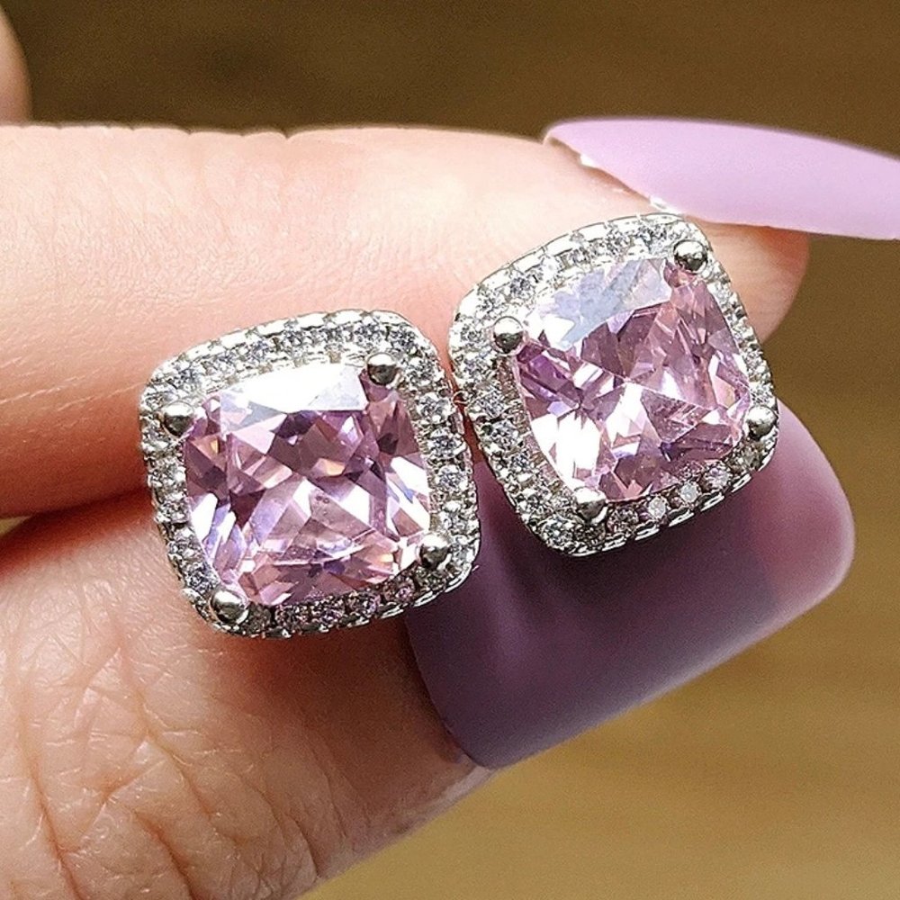 NEW 925 Silver Cushion Pink Sapphire Halo Studs